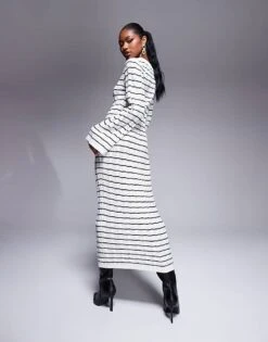 Kaiia Knitted Maxi Jumper Dress In Black And Cream Stripe For Women -Kaiia Online Shop 207163628 3