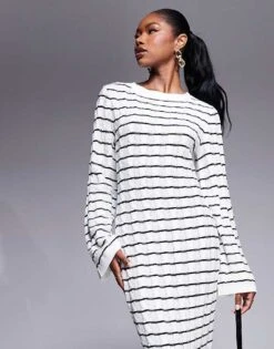 Kaiia Knitted Maxi Jumper Dress In Black And Cream Stripe For Women -Kaiia Online Shop 207163628 4