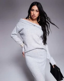 Kaiia Twist Front Bardot Jumper And Maxi Skirt Co-ord In Grey -Kaiia Online Shop 207163629 1 grey 1