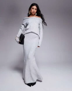 Kaiia Twist Front Bardot Jumper And Maxi Skirt Co-ord In Grey