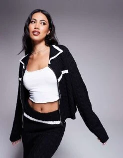 Kaiia Zip Through Collar Detail Jumper And Wide Leg Contrast Stripe Trousers Co-ord In Mono -Kaiia Online Shop 207163669 1 black