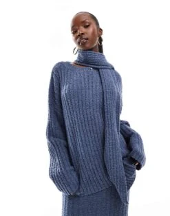 Kaiia Knitted Rib Oversized Jumper With Scarf And Maxi Skirt Co-ord In Navy -Kaiia Online Shop 207163689 1 blue