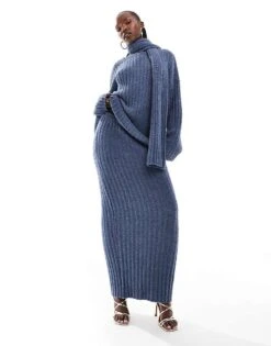 Kaiia Knitted Rib Oversized Jumper With Scarf And Maxi Skirt Co-ord In Navy
