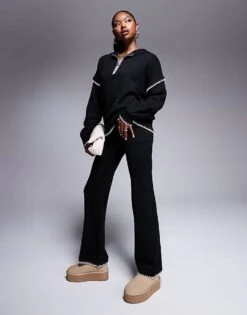 Kaiia Zip Through Contrast Stitch Oversized Jumper And Wide Leg Trousers Co-ord In Black -Kaiia Online Shop 207163729 1 black 1