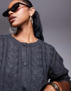 Kaiia Cable Knit Cardigan In Charcoal For Women Dark Grey -Kaiia Online Shop 207163768 4