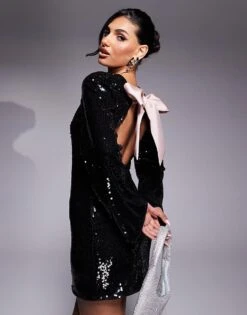 Kaiia X Sasha Corte Exclusive Wide Sleeve Sequin Contrast Satin Tie Bow Back Mini Dress In Black For Women Black / Pink