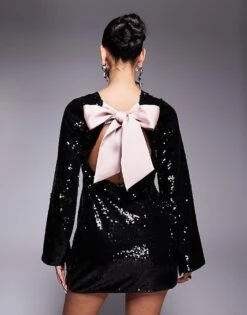 Kaiia X Sasha Corte Exclusive Wide Sleeve Sequin Contrast Satin Tie Bow Back Mini Dress In Black For Women Black / Pink -Kaiia Online Shop 207222600 4