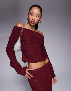 Kaiia Exclusive Sequin Off Shoulder Long Sleeve Top And Maxi Skirt Co-ord In Burgundy 8 Kaiia Exclusive Sequin Off Shoulder Long Sleeve Top And Maxi Skirt Co-ord In Burgundy -Kaiia Online Shop 207222610 1 burgundy