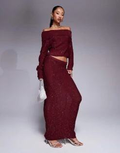 Kaiia Exclusive Sequin Off Shoulder Long Sleeve Top And Maxi Skirt Co-ord In Burgundy