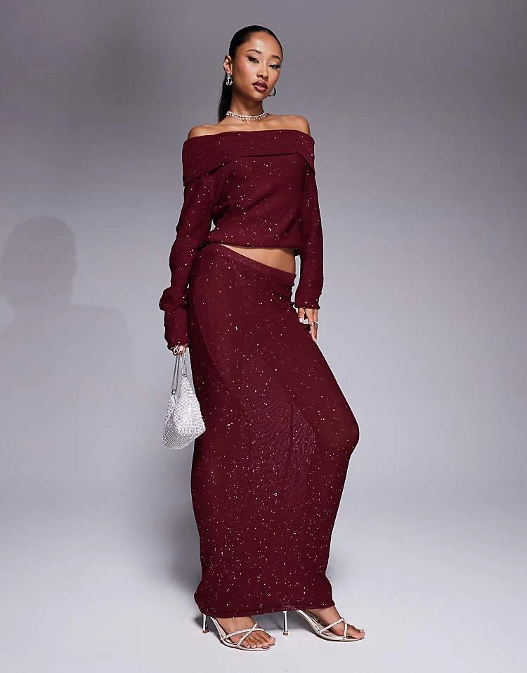 Kaiia Exclusive Sequin Off Shoulder Long Sleeve Top And Maxi Skirt Co-ord In Burgundy 3 Kaiia Exclusive Sequin Off Shoulder Long Sleeve Top And Maxi Skirt Co-ord In Burgundy