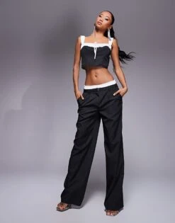 Kaiia X Sasha Corte Exclusive Contrast Cami Tie Detail Top And Wide Leg Trousers Co-ord In Mono Pinstripe