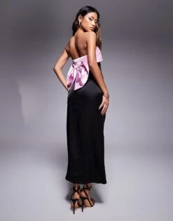 Kaiia Exclusive Satin Oversized Pink Bow Column Maxi Dress In Black For Women Black / Pink