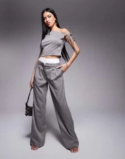 Kaiia X Sasha Corte Exclusive Tailored Contrast Waistband Wide Leg Trousers Co-ord In Grey For Women -Kaiia Online Shop 207222757 1 grey 1
