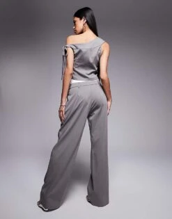 Kaiia X Sasha Corte Exclusive Tailored Contrast Waistband Wide Leg Trousers Co-ord In Grey For Women -Kaiia Online Shop 207222757 3