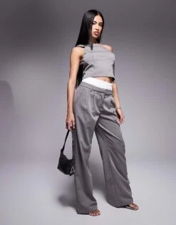 Kaiia X Sasha Corte Exclusive Tailored Contrast Waistband Wide Leg Trousers Co-ord In Grey For Women -Kaiia Online Shop 207222757 4