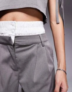 Kaiia X Sasha Corte Exclusive Tailored Contrast Waistband Wide Leg Trousers Co-ord In Grey For Women -Kaiia Online Shop 207222757 5