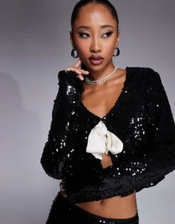 Kaiia X Sasha Corte Exclusive Sequin Contrast Bow Tie Front Top Co-ord In Black For Women -Kaiia Online Shop 207222767 1 black 1