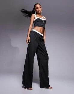 Kaiia X Sasha Corte Exclusive Contrast Cami Tie Detail Top And Wide Leg Trousers Co-ord In Mono Pinstripe -Kaiia Online Shop 207222777 1 black
