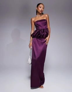 Kaiia Exclusive Satin Bandeau Puff Ball Top And Maxi Skirt Co-ord In Purple -Kaiia Online Shop 207222797 1 purple 1