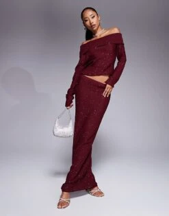 Kaiia X Sasha Corte Exclusive Sequin Knitted Maxi Skirt Co-ord In Burgundy For Women