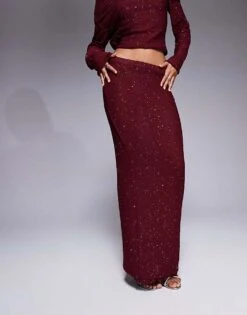 Kaiia X Sasha Corte Exclusive Sequin Knitted Maxi Skirt Co-ord In Burgundy For Women -Kaiia Online Shop 207222837 3