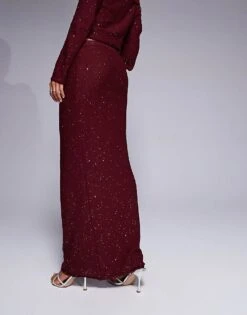 Kaiia X Sasha Corte Exclusive Sequin Knitted Maxi Skirt Co-ord In Burgundy For Women -Kaiia Online Shop 207222837 4