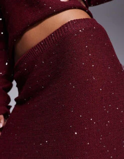 Kaiia X Sasha Corte Exclusive Sequin Knitted Maxi Skirt Co-ord In Burgundy For Women -Kaiia Online Shop 207222837 5