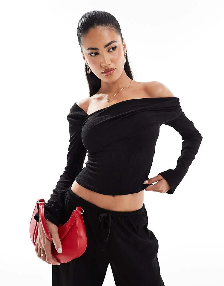 Kaiia Exclusive Ribbed Asymmetric Off Shoulder Long Sleeve Top And Trouser Co-ord In Black 4 Kaiia Exclusive Ribbed Asymmetric Off Shoulder Long Sleeve Top And Trouser Co-ord In Black - Image 2