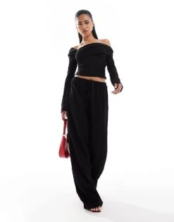 Kaiia Exclusive Ribbed Asymmetric Off Shoulder Long Sleeve Top And Trouser Co-ord In Black