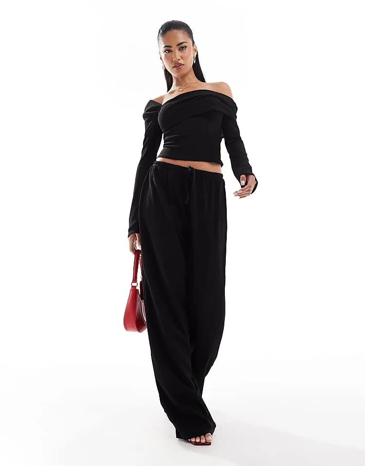 Kaiia Exclusive Ribbed Asymmetric Off Shoulder Long Sleeve Top And Trouser Co-ord In Black 3 Kaiia Exclusive Ribbed Asymmetric Off Shoulder Long Sleeve Top And Trouser Co-ord In Black
