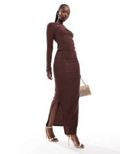 Kaiia Exclusive Slinky Long Sleeve Low Back Top And Maxi Skirt Co-ord In Chocolate -Kaiia Online Shop 207224897 1 brown 1