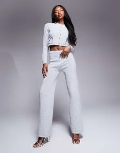 Kaiia Exclusive Knitted Bow Detail Cardigan And Trousers Co-ord In Light Grey