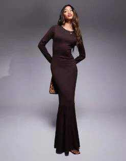 Kaiia Exclusive Knitted Long Sleeve Flared Skirt Maxi Dress In Chocolate For Women Brown -Kaiia Online Shop 207274481 1 brown 1