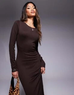Kaiia Exclusive Knitted Long Sleeve Flared Skirt Maxi Dress In Chocolate For Women Brown -Kaiia Online Shop 207274481 4