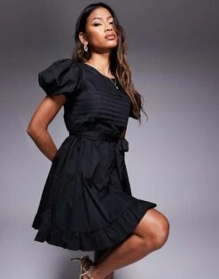 Kaiia Exclusive Puff Sleeve Tie Waist Babydoll Mini Dress In Black For Women -Kaiia Online Shop 207274533 3