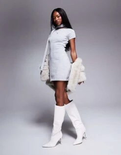 Kaiia Exclusive Knitted Short Sleeve Bodycon Jumper Dress With Matching Scarf In Grey For Women -Kaiia Online Shop 207274543 4