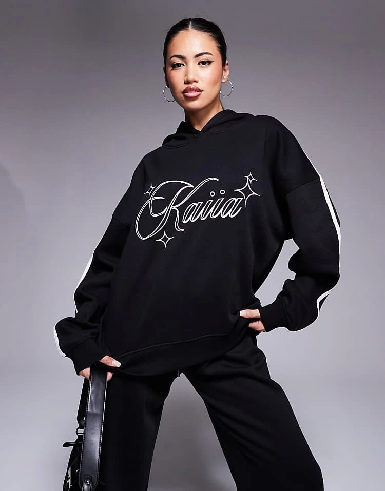 Kaiia Stripe Sleeve Oversized Hoodie And Wide Leg Joggers Co-ord In Black And White 5 Kaiia Stripe Sleeve Oversized Hoodie And Wide Leg Joggers Co-ord In Black And White - Image 3