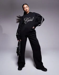 Kaiia Stripe Sleeve Oversized Hoodie And Wide Leg Joggers Co-ord In Black And White