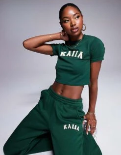 Kaiia Borg Logo Baby Tee Co-ord In Forest Green For Women