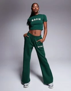 Kaiia Borg Logo Baby Tee Co-ord In Forest Green For Women -Kaiia Online Shop 207280226 3