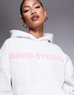 Kaiia Studio Borg Logo Oversized Hoodie In Grey And Pink For Women Grey Marl And Pink -Kaiia Online Shop 207280267 4