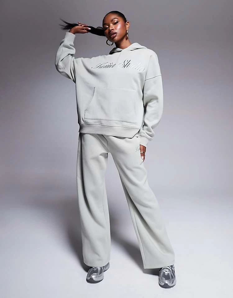 Kaiia Studio Logo Oversized Hoodie And Wide Leg Joggers Co-ord In Matcha Green 3 Kaiia Studio Logo Oversized Hoodie And Wide Leg Joggers Co-ord In Matcha Green