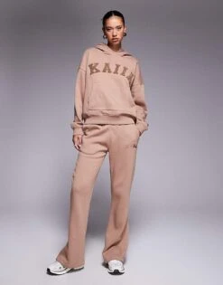 Kaiia Embroidered Logo Baby Tee, Hoodie, And Wide Leg Joggers Co-ord In Espresso