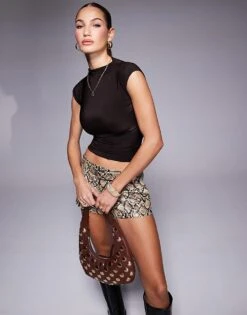 Kaiia Cap Sleeve High Neck Slinky Top In Chocolate For Women -Kaiia Online Shop 207285625 1 chocolate 1