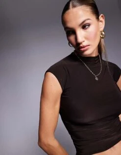 Kaiia Cap Sleeve High Neck Slinky Top In Chocolate For Women -Kaiia Online Shop 207285625 2