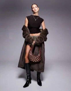 Kaiia Cap Sleeve High Neck Slinky Top In Chocolate For Women -Kaiia Online Shop 207285625 4