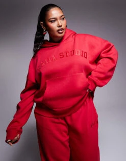 Kaiia Plus Studio Hoodie And Wide Leg Jogger Co-ord In Red -Kaiia Online Shop 207285652 1 red 1