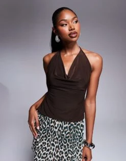 Kaiia Slinky Cowl Neck Tie Back Top In Chocolate Brown For Women -Kaiia Online Shop 207311387 1 brown 1