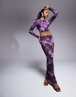 Kaiia Exclusive Low Back Slinky Long Sleeve Top And Maxi Skirt Co-ord In Purple Print -Kaiia Online Shop 207312861 1 blackandpurple