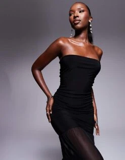 Kaiia Exclusive Bandeau Slinky Mesh Hem Maxi Dress In Black For Women -Kaiia Online Shop 207312895 2